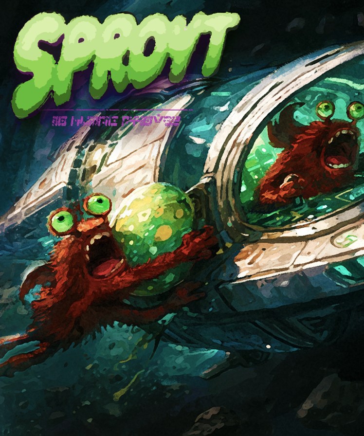 Sproyt key art — red aliens piloting a spaceship past a green planet, with the Sproyt logo